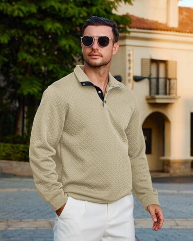 Lexiart Mens Fashion Quilted Long Sleeve Sweatshirts Thermal Stand Collar Quarter Button Up Pullover Sweatshirt in Saudi Arabia