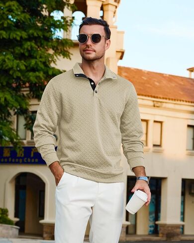 Lexiart Mens Fashion Quilted Long Sleeve Sweatshirts Thermal Stand Collar Quarter Button Up Pullover Sweatshirt in Saudi Arabia