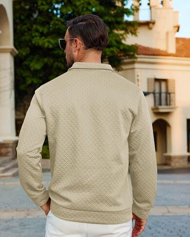 Lexiart Mens Fashion Quilted Long Sleeve Sweatshirts Thermal Stand Collar Quarter Button Up Pullover Sweatshirt in Saudi Arabia