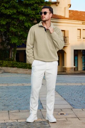 Lexiart Mens Fashion Quilted Long Sleeve Sweatshirts Thermal Stand Collar Quarter Button Up Pullover Sweatshirt in Saudi Arabia