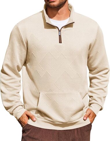 Yousify Mens Quarter Zip Sweatshirts Long Sleeve Stand Collar Casual Pullover Texture Fall Sweatshirt With Pocket in Saudi Arabia