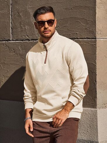 Yousify Mens Quarter Zip Sweatshirts Long Sleeve Stand Collar Casual Pullover Texture Fall Sweatshirt With Pocket in Saudi Arabia