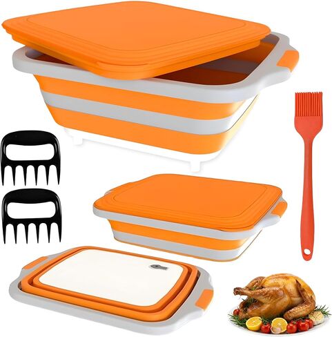 Collapsible BBQ Prep Tub with Lid, Meat Prep Tub with 2 Claws, Cutting Board & Brush (4.22 Gal/16L), BPA-Free & Compact for Grilling, Shredding, Marinating & Picnic (Orange) in Saudi Arabia