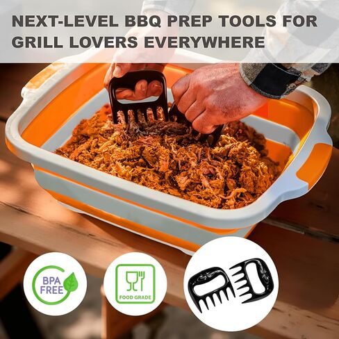 Collapsible BBQ Prep Tub with Lid, Meat Prep Tub with 2 Claws, Cutting Board & Brush (4.22 Gal/16L), BPA-Free & Compact for Grilling, Shredding, Marinating & Picnic (Orange) in Saudi Arabia