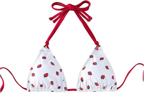 WDIRARA Women's Cute Cherry Graphic Triangle Bikini Tops Halter Micro Swimsuit Top in Kuwait