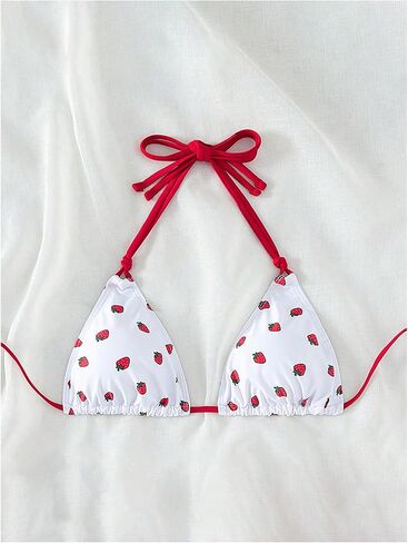 WDIRARA Women's Cute Cherry Graphic Triangle Bikini Tops Halter Micro Swimsuit Top in Kuwait