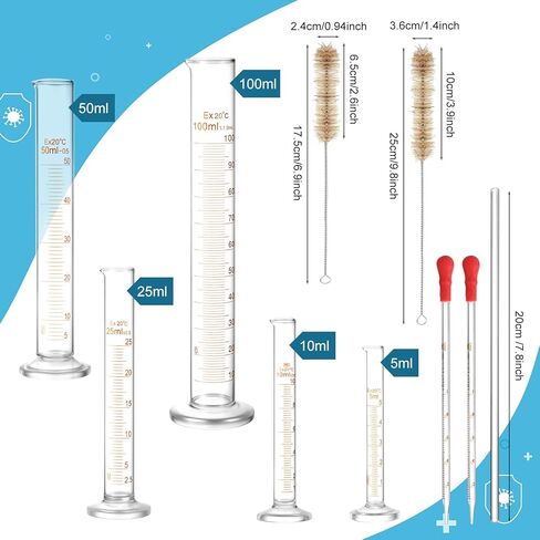 jetec 10 pcs الزجاج السميك متخرج أسطوانة القياس مجموعة 5 مل 10 مل 25 مل 50 مل 100 مل أسطوانة قياس الزجاج متخرج مع 2 فرش ، 2 قطرة وقضيب واحد in Saudi Arabia