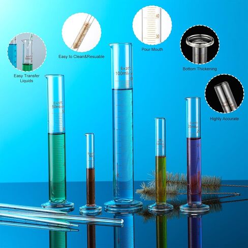 jetec 10 pcs الزجاج السميك متخرج أسطوانة القياس مجموعة 5 مل 10 مل 25 مل 50 مل 100 مل أسطوانة قياس الزجاج متخرج مع 2 فرش ، 2 قطرة وقضيب واحد in Saudi Arabia