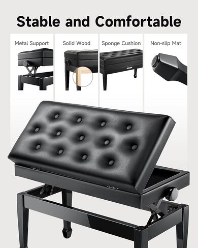 Donner Adjustable Duet Piano Bench with Storage, Solid Wooden Keyboard Bench Piano Bookcase Stool Chair Seat with High-Density Sponges Cushion, Black in Saudi Arabia