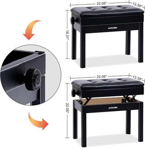 AODSK Adjustable Wooden Piano Bench with Padded Cushion and Storage with Sheet Music Storage Black 22.05''x13.39''x18.31''(Height Adjustable Range:18.31''-22.05'') in Kuwait