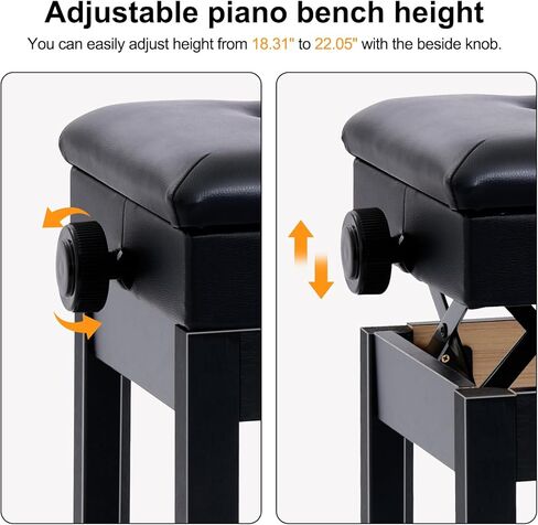 AODSK Adjustable Wooden Piano Bench with Padded Cushion and Storage with Sheet Music Storage Black 22.05''x13.39''x18.31''(Height Adjustable Range:18.31''-22.05'') in Kuwait