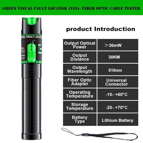 اختبار ألياف الضوء الأخضر - محدد موقع الصدع المرئي مع إخراج 30 ميجاوات ، طول موجة 510nm ، متوافق مع واجهات SC/FC/ST/LC ، مثالية لصيانة الشبكة وفنيي مركز البيانات. in Kuwait