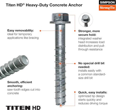 Simpson Strong-Tie THDB62800H 5/8 Inch x 8 Inch, Hex Washer Head, Zinc Plated Titen HD Heavy-Duty Screw Anchor for Concrete, Easy Installation (Pack of 10) in Saudi Arabia