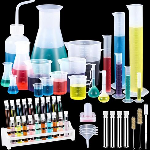 Kingdder 58 Pcs Plastic Beakers Set Include 6 Graduated Cylinder 7 Beakers 6 Flask 10 Droppers 1 Wash Bottle 20 Test Tubes with Rack 2 Brush 5 Funnel for Home Science Lab Party DIY in Saudi Arabia