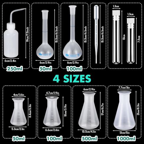 Kingdder 58 Pcs Plastic Beakers Set Include 6 Graduated Cylinder 7 Beakers 6 Flask 10 Droppers 1 Wash Bottle 20 Test Tubes with Rack 2 Brush 5 Funnel for Home Science Lab Party DIY in Saudi Arabia