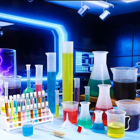Kingdder 58 Pcs Plastic Beakers Set Include 6 Graduated Cylinder 7 Beakers 6 Flask 10 Droppers 1 Wash Bottle 20 Test Tubes with Rack 2 Brush 5 Funnel for Home Science Lab Party DIY in Saudi Arabia