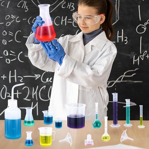 Kingdder 58 Pcs Plastic Beakers Set Include 6 Graduated Cylinder 7 Beakers 6 Flask 10 Droppers 1 Wash Bottle 20 Test Tubes with Rack 2 Brush 5 Funnel for Home Science Lab Party DIY in Saudi Arabia