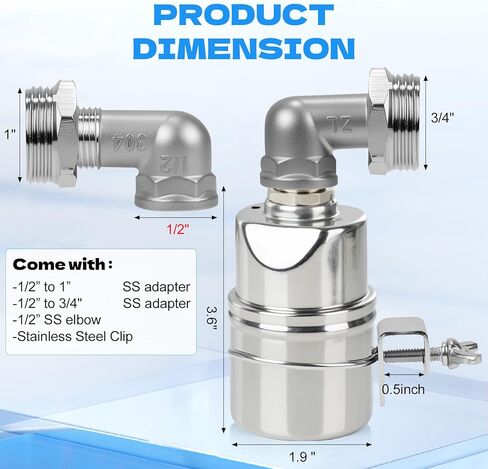 صمام تعويم مع 1/2 "، 3/4" ، 1 "محولات -304 صمام ماء من الفولاذ المقاوم للصدأ ، التحكم التلقائي بالكامل في خزانات الماء ، أحواض السمك ، حوض الثروة الحيوانية ، حمامات السباحة ، تقطير وبرك in Kuwait