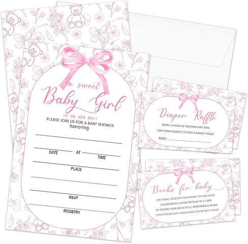 Floral Girls Baby Shower Invitations for Girl, Baby Shower Invites with Envelopes, Set of 25 Gender Reveal Invites Cards with Envelopes & Book Request Cards & Diaper Raffle Tickets -05 in Saudi Arabia