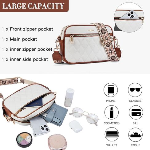 Telena Crossbody Bags for Women Small Crossbody Purses Quilted Vegan Leather with Guitar Strap Beige with Brown in Saudi Arabia