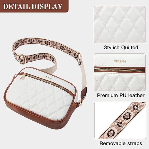 Telena Crossbody Bags for Women Small Crossbody Purses Quilted Vegan Leather with Guitar Strap Beige with Brown in Saudi Arabia