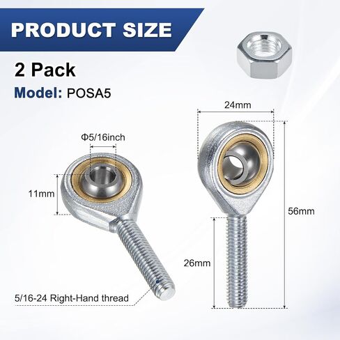 2-Pack POSA6 Rod End Bearing, 3/8 Inch Bore 3/8-24 Right Thread Self-Lubricating Male Thread Steel Joint Rod Ends W Jam Nuts for Forging Machine Tools in Kuwait