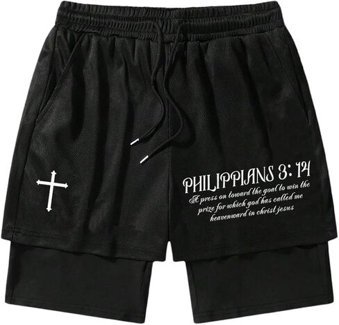 Floerns Men's 2 in 1 Running Shorts Cross Print Athletic Gym Workout Shorts with Compression Liner in Saudi Arabia