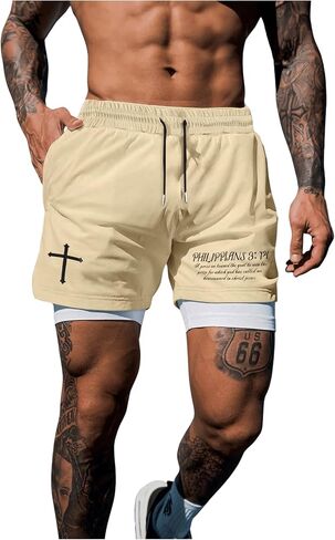 Floerns Men's 2 in 1 Shorts Cross Cross Print Athletic Gym Strings مع بطانة الضغط in Kuwait