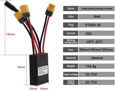 ZJchao Double Battery Discharge Converter, Electric Bike Battery Connector, DC 20V-72V Dual Batteries Parallel Module Adapter for Batteries and Controllers (30A) in Saudi Arabia