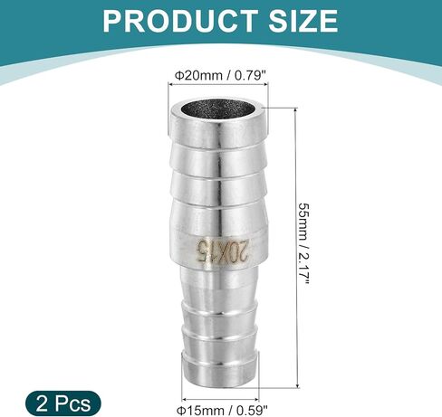 uxcell 2Pcs 5/8" to 1/2" Hose Barb Reducer Pipe Fitting, 304 Stainless Steel Hose Pipe Fitting Sanitary Adapter for Vacuum Systems, Industrial Pipe Connections, Silver in Saudi Arabia