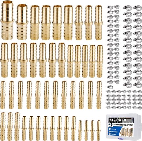 48PCS Brass Hose Barb Fitting,Barb Splicer Mender Hose Fittings 1/8" 3/16" 1/4" 5/16" 3/8" 1/2" 5/8" 3/4" with 96Pcs Stainless Steel Pipe Hose Clamps for Air/Fuel/Water/Oil Hose in Saudi Arabia