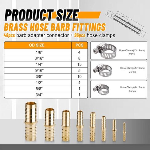 48PCS Brass Hose Barb Fitting,Barb Splicer Mender Hose Fittings 1/8" 3/16" 1/4" 5/16" 3/8" 1/2" 5/8" 3/4" with 96Pcs Stainless Steel Pipe Hose Clamps for Air/Fuel/Water/Oil Hose in Saudi Arabia