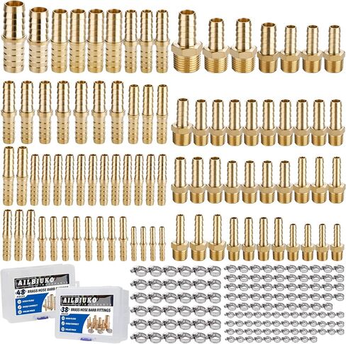 48PCS Brass Hose Barb Fitting,Barb Splicer Mender Hose Fittings 1/8" 3/16" 1/4" 5/16" 3/8" 1/2" 5/8" 3/4" with 96Pcs Stainless Steel Pipe Hose Clamps for Air/Fuel/Water/Oil Hose in Saudi Arabia