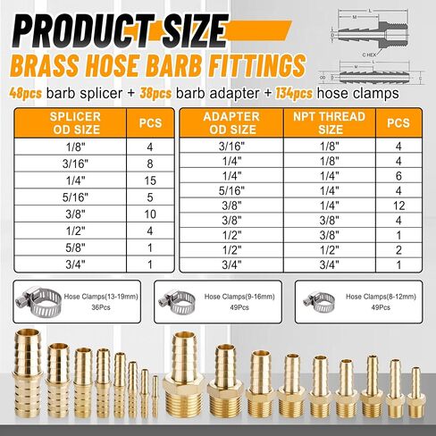 48PCS Brass Hose Barb Fitting,Barb Splicer Mender Hose Fittings 1/8" 3/16" 1/4" 5/16" 3/8" 1/2" 5/8" 3/4" with 96Pcs Stainless Steel Pipe Hose Clamps for Air/Fuel/Water/Oil Hose in Saudi Arabia