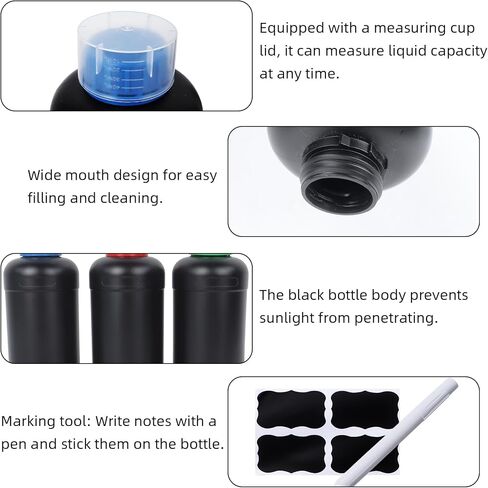 Klmnop 3 Pack 1000ml Darkroom Chemical Storage Bottles, Photographic Plastic Containers with Measuring Cups, Liquid Container for Film Photo Developing Processing(Black) in Saudi Arabia