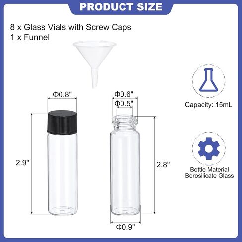 Patikil 20ml قوارير زجاجية واضحة ، 8 حزمة قارورة عينة مع زجاجة وسائط كاشف كاشف المسمار مع قارورة زجاجية سائلة مقاومة للتسرب للمختبر لمختبر المختبر in Saudi Arabia