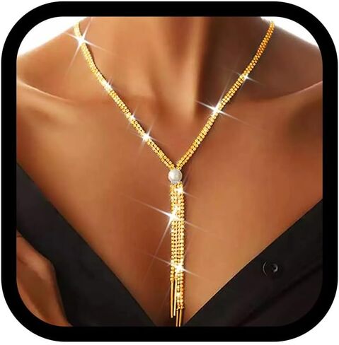 Zoestar Rhinestone Necklace Jewelry Silver Long Stain in Kuwait