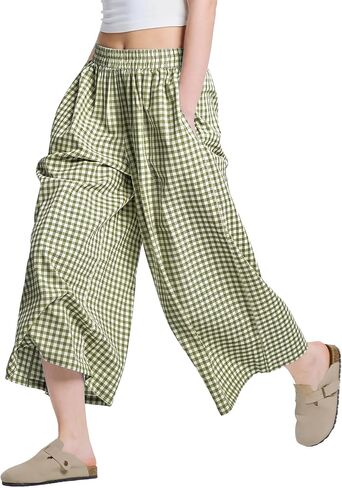 LOMON Womens Wide Leg Capri Pants Cotton Gingham Plaid Culottes Summer Elastic Waist Palazzo Trousers Bottoms with Pockets in Saudi Arabia