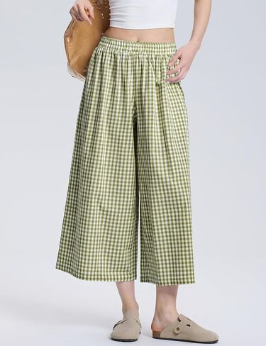 LOMON Womens Wide Leg Capri Pants Cotton Gingham Plaid Culottes Summer Elastic Waist Palazzo Trousers Bottoms with Pockets in Saudi Arabia