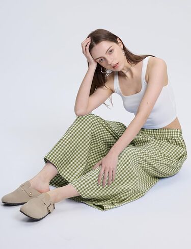 LOMON Womens Wide Leg Capri Pants Cotton Gingham Plaid Culottes Summer Elastic Waist Palazzo Trousers Bottoms with Pockets in Saudi Arabia
