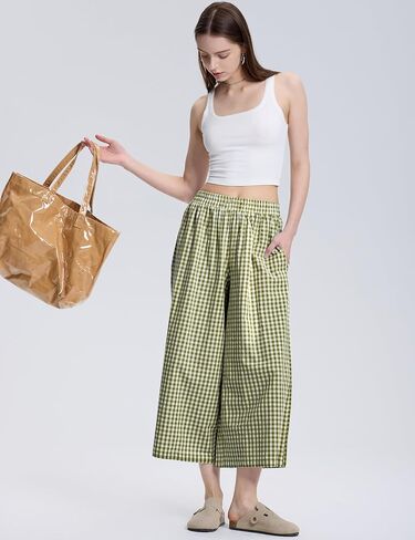 LOMON Womens Wide Leg Capri Pants Cotton Gingham Plaid Culottes Summer Elastic Waist Palazzo Trousers Bottoms with Pockets in Saudi Arabia