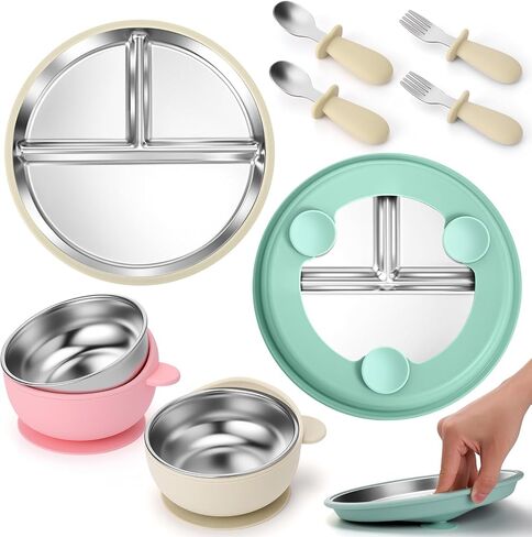 Palksky Baby Plates, Stainless Steel Toddler Plate with Suction, Kids Divided Dishes with Removable Silicone Sleeves, Non Toxic & BPA Free, Dishwasher Safe, Set of 2 in Saudi Arabia