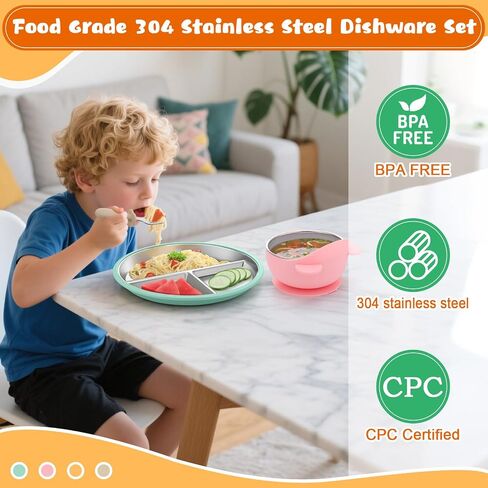Palksky Baby Plates, Stainless Steel Toddler Plate with Suction, Kids Divided Dishes with Removable Silicone Sleeves, Non Toxic & BPA Free, Dishwasher Safe, Set of 2 in Saudi Arabia