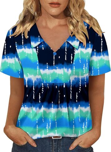 ONLYSHE Womens Summer Blouses Casual Short Sleeve Tunic Turndown V Neck Collar Loose Fit Tops in Kuwait