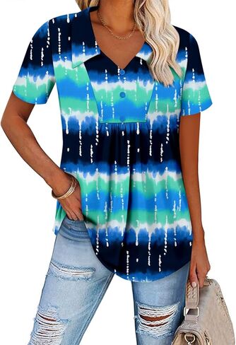 ONLYSHE Womens Summer Blouses Casual Short Sleeve Tunic Turndown V Neck Collar Loose Fit Tops in Kuwait