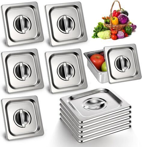 10 Pack 1/6 Size Steam Table Pan Covers Stainless Steel Commercial Food Pan Lids Metal Steam Prep Table Pans Covers with Handles for Fruits Vegetables Buffet Catering Roasting Food Trays, 7 x 6.5 Inch in Saudi Arabia