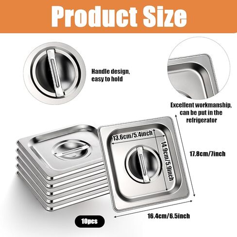 10 Pack 1/6 Size Steam Table Pan Covers Stainless Steel Commercial Food Pan Lids Metal Steam Prep Table Pans Covers with Handles for Fruits Vegetables Buffet Catering Roasting Food Trays, 7 x 6.5 Inch in Saudi Arabia