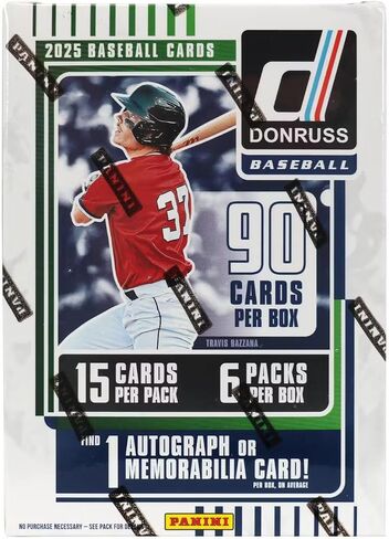 2025 مربع بطاقة تداول Panini Donruss للبيسبول تداول (1 توقيع أو بطاقة تذكارية ، 3 أوجه أوجه متوازية للليزر الأحمر والزرقاء الحصرية و 12 إدراجًا ومتوازيات لكل صندوق في المتوسط) in Kuwait