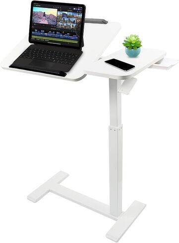 Overbed Bedside Table with Hidden Wheels Height Adjustable Pneumatic Medical Mobile Standing Desk Hospital Tray Table with Drawer and Tilting Split Top for Office Home Hospital Use (White) in Kuwait