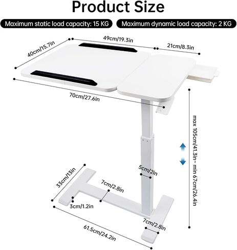 Overbed Bedside Table with Hidden Wheels Height Adjustable Pneumatic Medical Mobile Standing Desk Hospital Tray Table with Drawer and Tilting Split Top for Office Home Hospital Use (White) in Kuwait